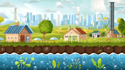 Naklejka premium A visual of sustainable water management with rainwater harvesting systems and water conservation measures.