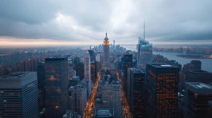 Fototapeta premium stunning aerial view of megacity skyline dusk, showcasing towering skyscrapers and vibrant city