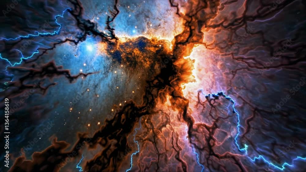 Poster dynamic top-down video view of a cosmic explosion with vibrant blue and orange lightning patterns, c