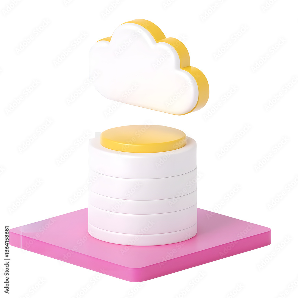 Poster Polished and structured 3D render of a cloud storage database icon with a well defined tiered cylindrical design showcasing a clean and modern UI concept on a white transparent background