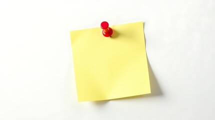 Yellow sticky note with bright red push pin isolated on white background