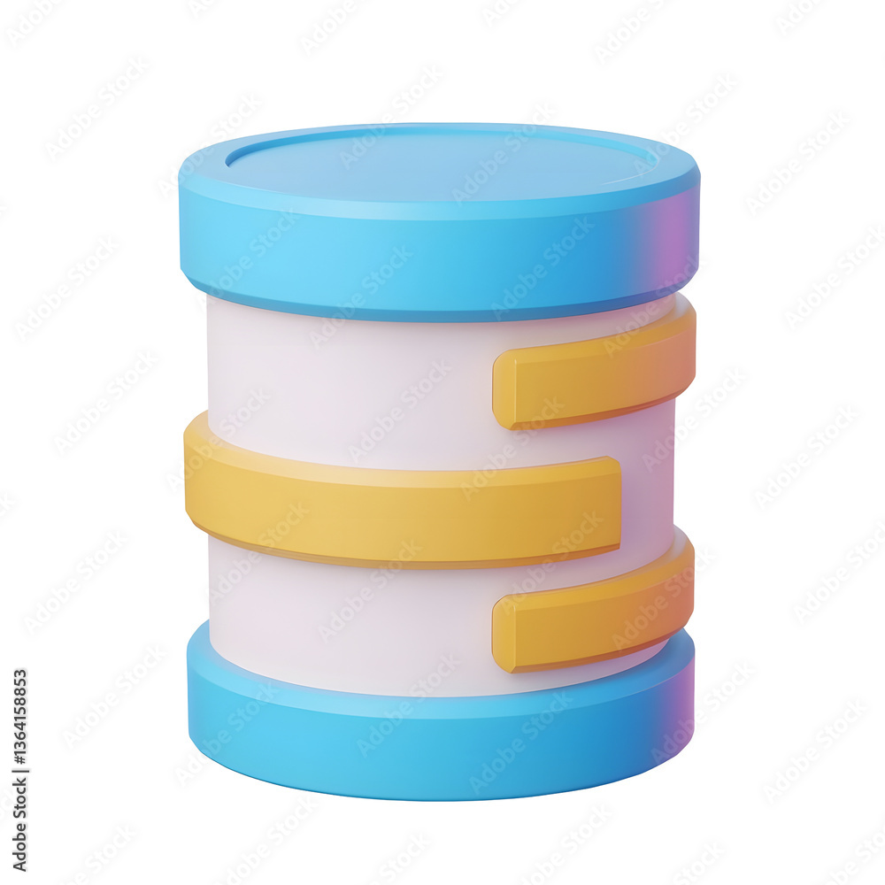 Poster Crisp and detailed 3D render of a minimalist data storage icon featuring an evenly distributed cylindrical stack with a refined UI aesthetic on a clean white background