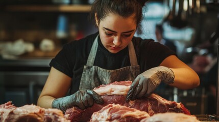 Young Woman in Gloves Preparing Fresh Red Meat At Butcher Shop Indoors