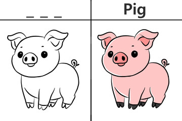 Pig coloring pages for kids and learn to recognize letters, animal recognition card media for various games in early childhood learning