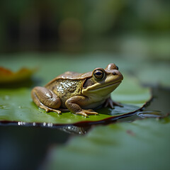 Close-up of a Beautiful Frog on a Lily Pad in a Serene Pond Environment