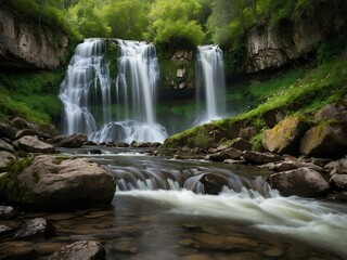 Fototapeta premium Discover the Serenity of Tivoli Falls: A Picturesque U.S. Waterfall, Where Glistening Streams Tumble Through Forested Landscapes, Offering a Peaceful Escape into Nature’s Heart