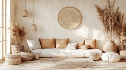 Bohemian living room with beige sofa, pampas grass, and wicker decor.