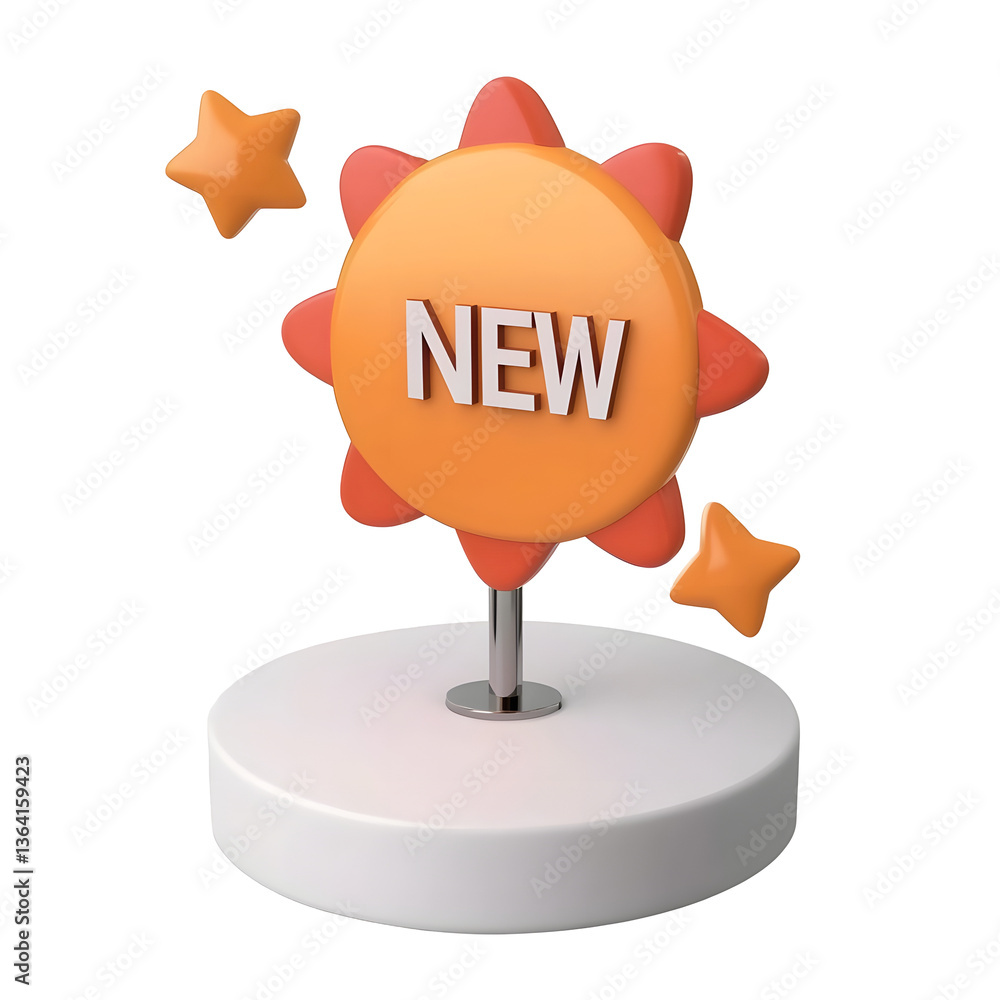Poster Elegant and modern minimalist 3D badge icon featuring a well defined scalloped circular shape with soft radial embellishments and the word  NEW  as the focal point