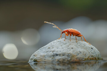 Obraz premium Vibrant orange beetle with dew drops perched atop a rock in tranquil waters
