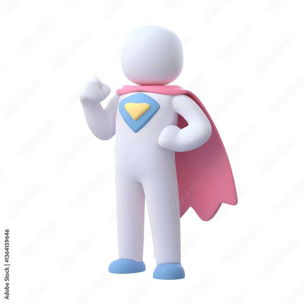 Poster A clean 3D rendered minimalist icon of a heroic character posing with hands on hips and a dynamic cape representing strength power and leadership