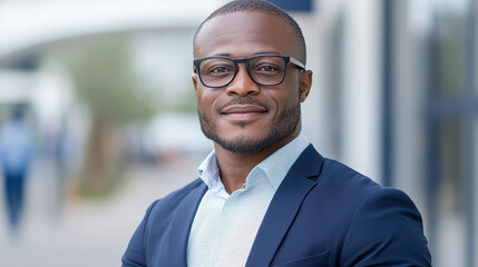 Fototapeta premium Professional man suit with glasses, smiling confidently outdoors, showcasing success and