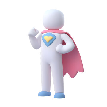 A clean 3D rendered minimalist icon of a heroic character posing with hands on hips and a dynamic cape representing strength power and leadership