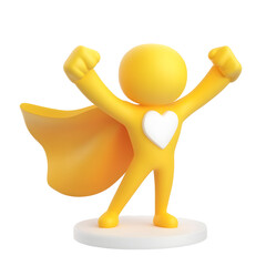 Stylized 3D superhero icon with a flowing cape in a confident triumphant pose against a clean transparent background
