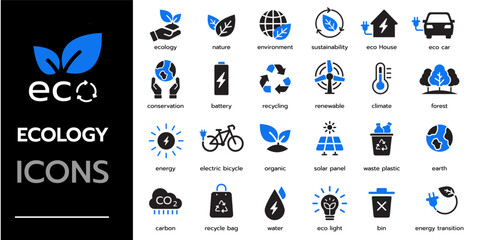 ecology icon set. environment, eco, recycling, sustainability, energy, green and more. Solid vector icons collection	
