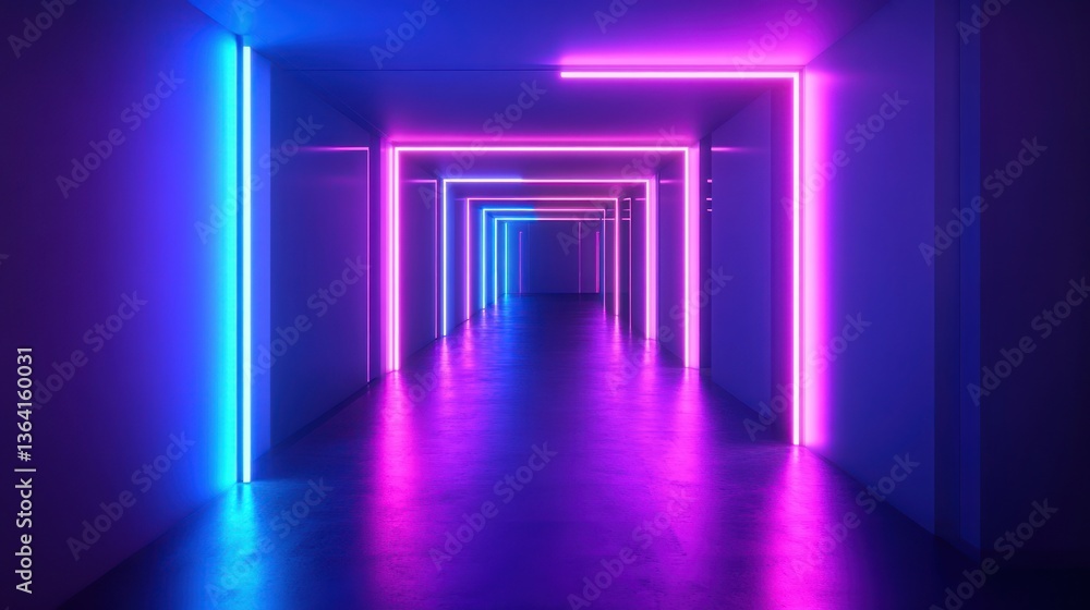 Poster futuristic corridor illuminated by vibrant neon lights creating a mesmerizing effect