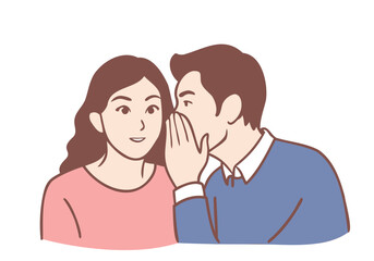 man whispering in woman ear. male intriguer telling secret information. Hand drawn style vector design illustrations.
