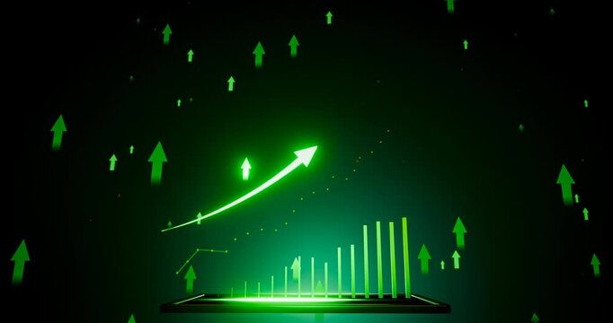 Investing in the stock market is profitable. Bull market. Green bar chart. Green glowing arrows are rising, meaning profit from investment. 3D Rendering