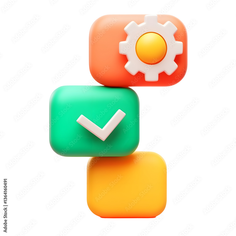 Aufkleber A clean and modern 3D rendering of an icon symbolizing an automated process flow with connected steps a cogwheel for system execution and a checkmark for approval