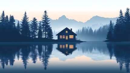 Fototapeta premium Lakeside cabin with mountain sunset.
