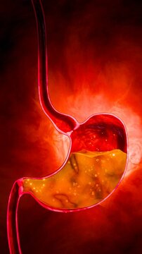 Symptoms of acid reflux or excess acid in the stomach. Gastric juice and intestinal model within the abdominal cavity. Pressure or air causes stomach pain. 3D Rendering.