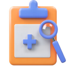 Fototapeta premium 3D rendering of a medical history review icon featuring a clipboard with official health documents a bold medical cross and a magnifying glass