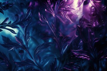 Naklejka premium A mesmerizing abstract design featuring intricate leaf patterns in vibrant shades of blue and purple, illuminated with a mystical glow.