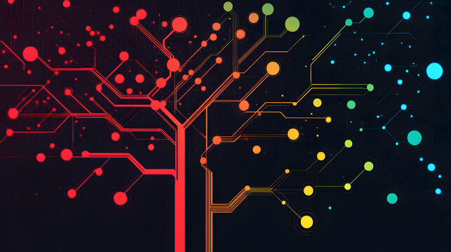 A visual representation of a decision tree algorithm in machine learning, with branching paths and data points.