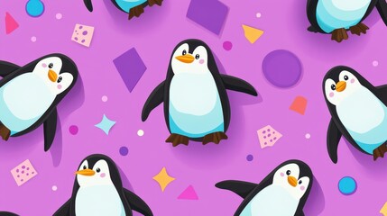 Obraz premium Cute Penguin Seamless Pattern with Purple Background, and Childish Design.