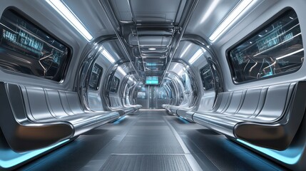 Fototapeta premium Futuristic subway interior with sleek metallic design and illuminated features.