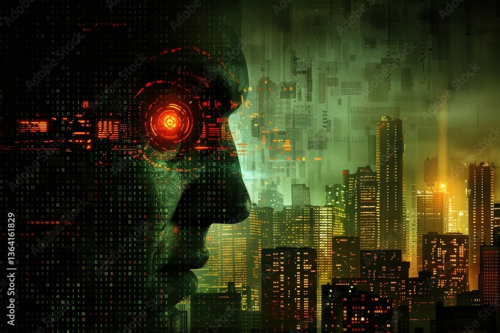 Poster a futuristic silhouette of a person against a digital cityscape, featuring glowing elements and bina