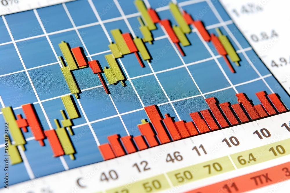 Aufkleber a colorful graphical representation of financial data, featuring bar and line charts on a grid backg
