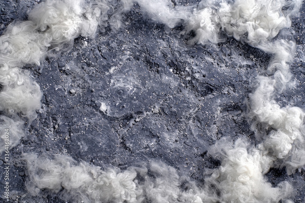 Poster a textured blue surface surrounded by fluffy white clouds or foam, creating a striking contrast and 