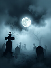 Foggy Moonlit Graveyard with Eerie Atmosphere for Mysterious Banner Designs