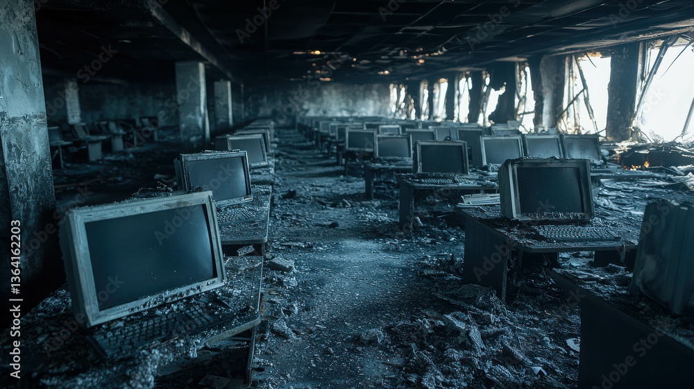 Poster abandoned office space with burnt computers and charred walls in a post-apocalyptic setting