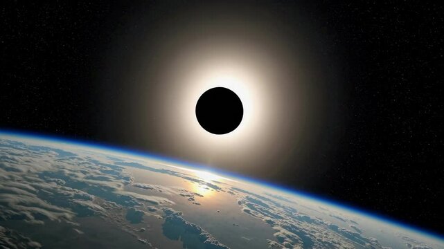 A video still of a solar eclipse from space, showcasing the Earth's horizon and the sun's corona. Captured from a high-angle perspective. Live desktop wallpaper.