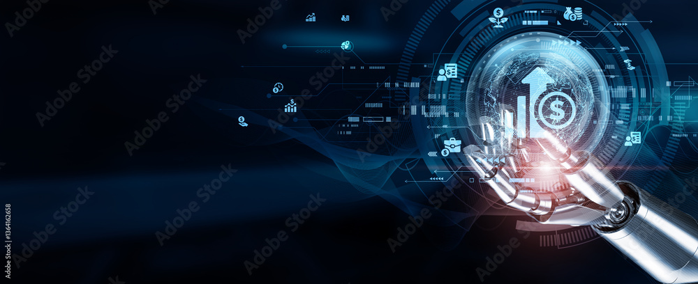 Poster hands of robot touch investment strategies leverage algorithmic trading, portfolio management, and r