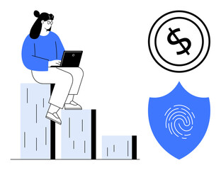 Woman working on a laptop atop a bar graph symbolizing growth, accompanied by a dollar sign and a shield with a fingerprint. Ideal for finance, security, technology, business, growth, banking, trust