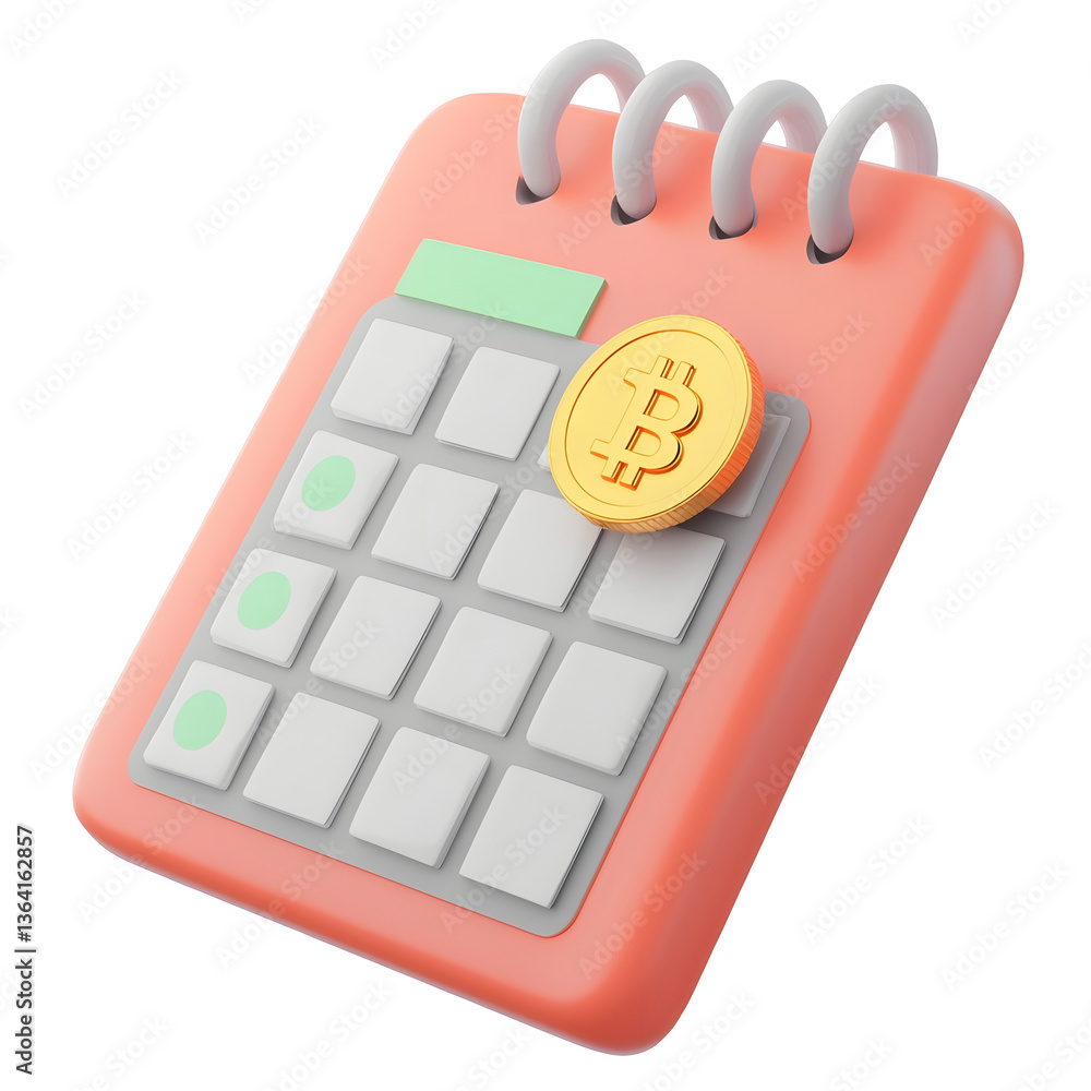 Poster a digital icon featuring a colorful calendar interface with a cryptocurrency coin symbol representin