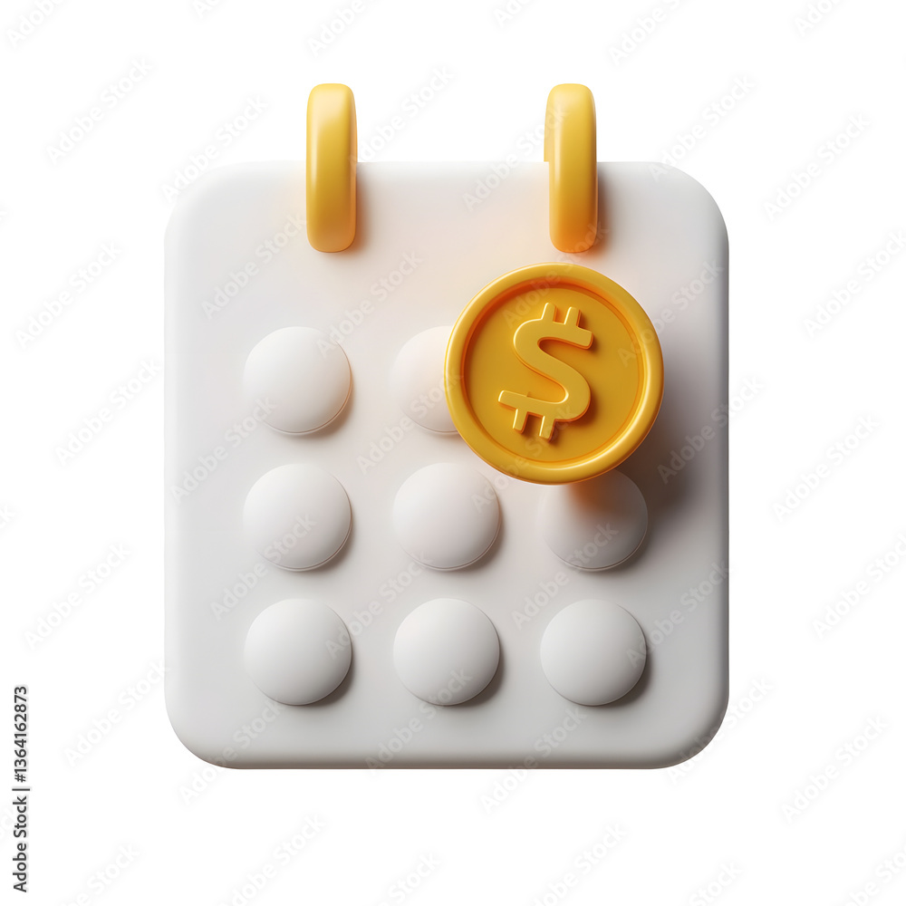 Aufkleber A clean minimalist 3D render of a financial planning icon showcasing a well designed calendar with a floating coin at the lower right corner representing automated payments savings goals