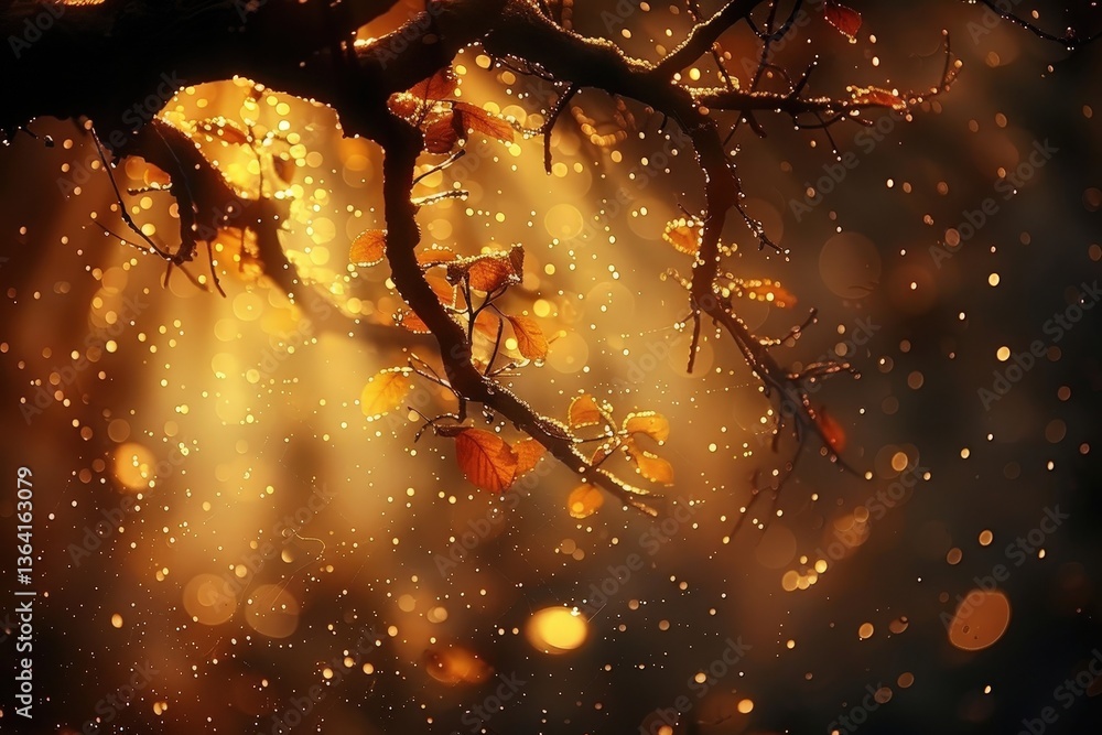 Poster a close-up of a branch with autumn leaves, illuminated by warm light, creating a magical atmosphere 