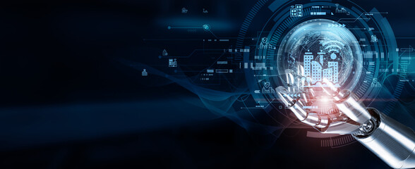 The hands of a robot touch Smart Cities by automating infrastructure, optimizing energy use, enhancing public safety, and collecting real-time data to improve urban living.