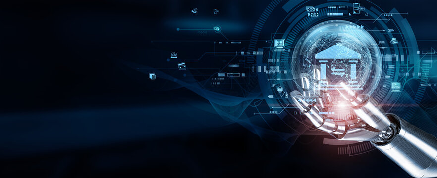The hands of a robot touch banking transactions, customer accounts, digital payments, financial security, online banking, mobile apps, credit scoring, loan approvals, and fraud detection.