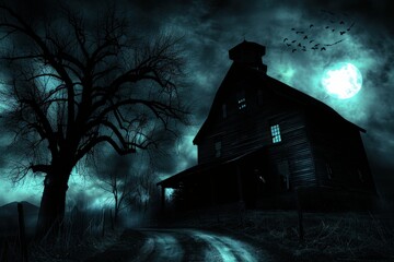 A dark, eerie scene featuring a haunted house under a full moon, with a barren tree silhouette and birds flying in the night sky.