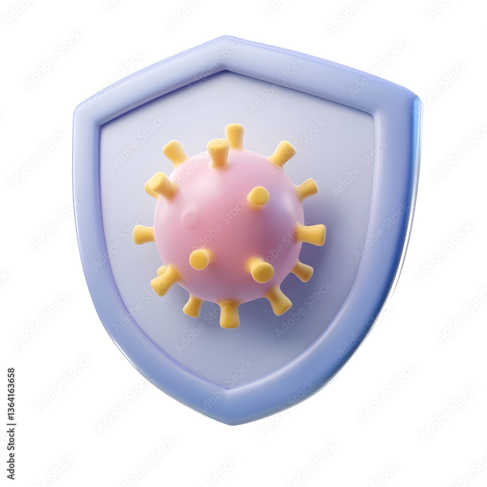 Fototapete A detailed 3D render of a virus prevention icon featuring a structured shield protecting a pink virus particle symbolizing immune security and health defense against infectious diseases
