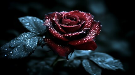 Dark red rose with water droplets.