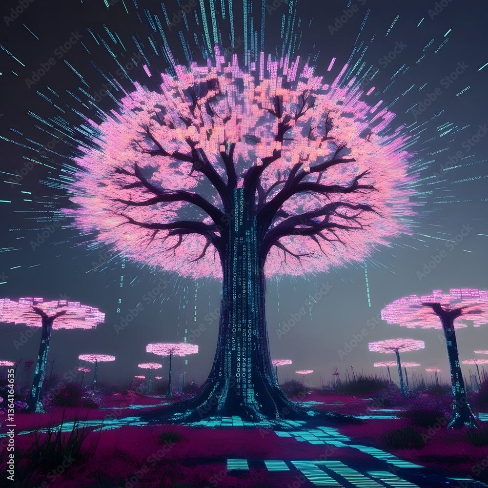 Wall mural a futuristic landscape features towering trees glowing with vibrant pink lights, casting an ethereal