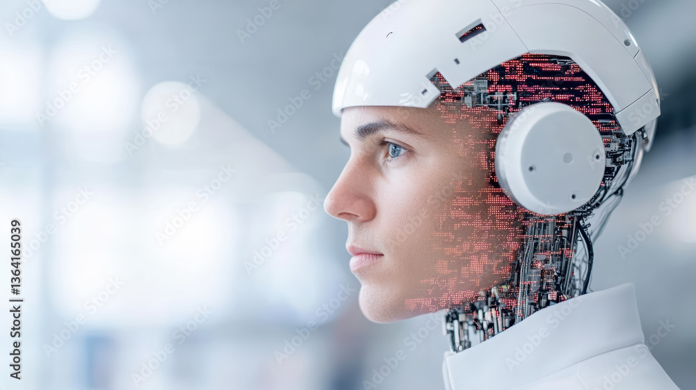 Poster futuristic robot head with digital elements and advanced technology features