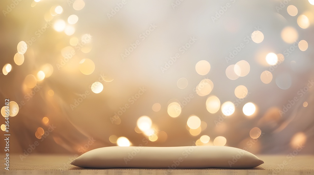 Wall mural soft golden bokeh lights create a warm and dreamy background, while a simple, elegant white pillow i