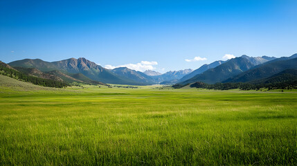 Obraz premium Panoramic View Of Lush Green Valley With Mountains Under Clear Blue Sky During Daylight