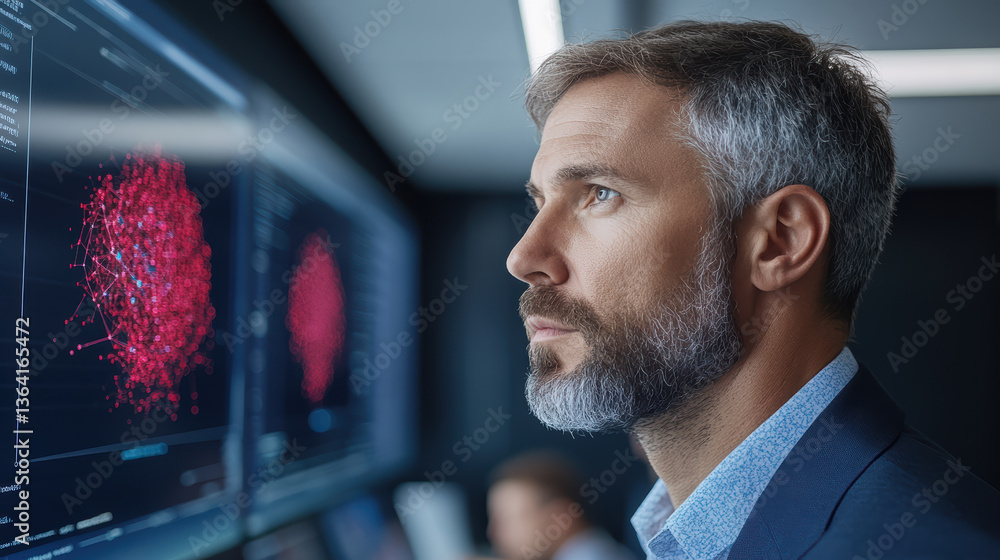 Poster focused professional analyzing data visualizations screens, showcasing advanced technology and